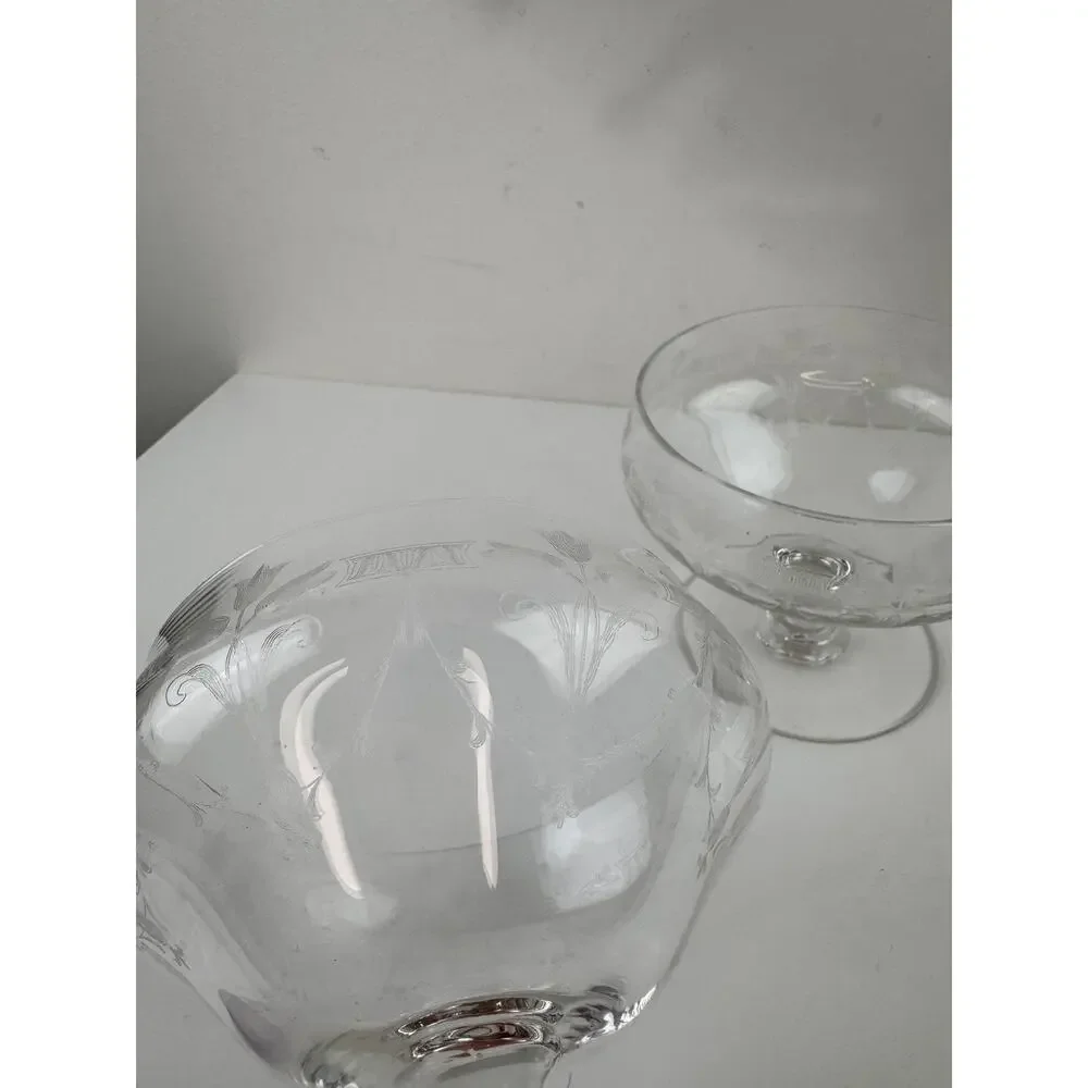 Vintage Etched Ice Cream Fruit Bowl Glass Floral Round Shape Hand Blown Set of 2